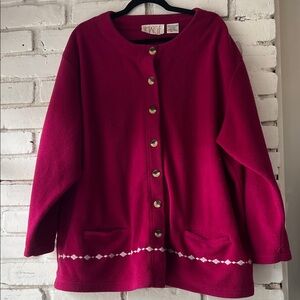 Magenta button down relaxed fit fleece sweater crew neck